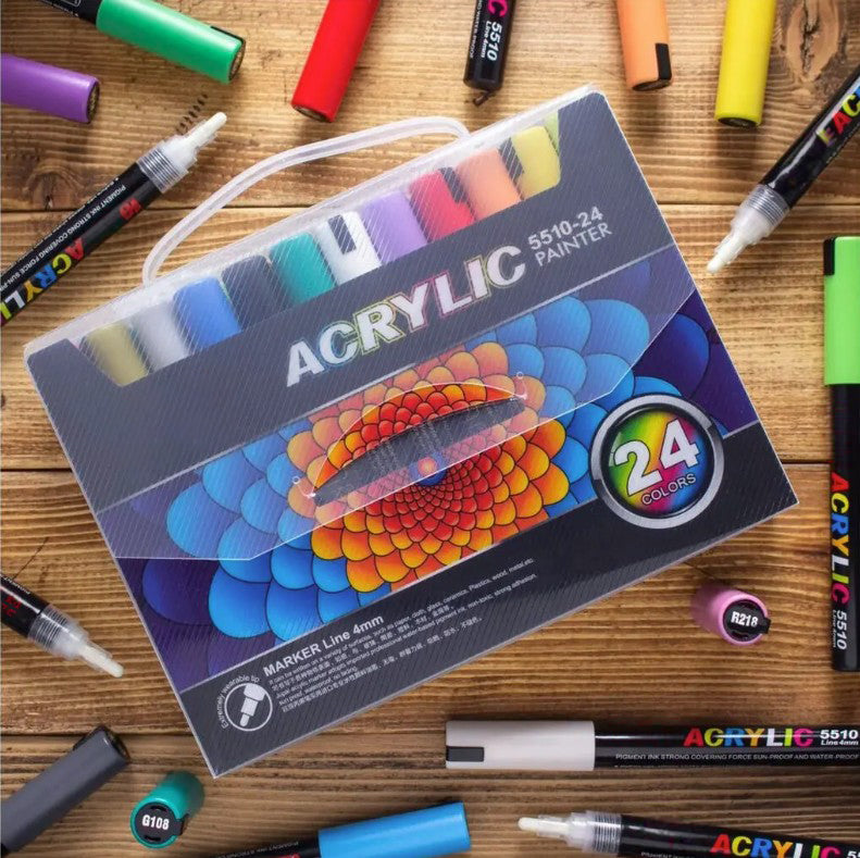 Set 24 de markere cu vopsea acrilica, Zola, varf 0.4 mm, rezistente la apa, pentru pictura pe hartie, panza, piatra, sticla, lemn, textile si ceramica, uscare rapida, multicolore Set 24 de markere cu vopsea acrilica, Zola, varf 0.4 mm, rezistente la apa, pentru pictura pe hartie, panza, piatra, sticla, lemn, textile si ceramica, uscare rapida, multicolore